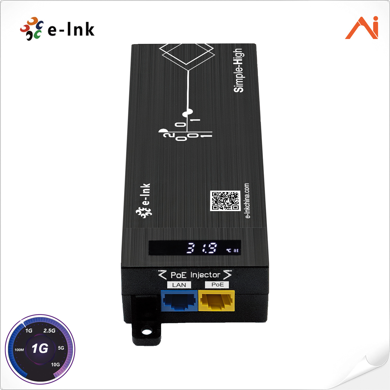 E-link LNK-AIPSE301M30 IEEE802.3at PoE+ 30W AI Smart Gigabit PoE Injector with LED Screen Display
