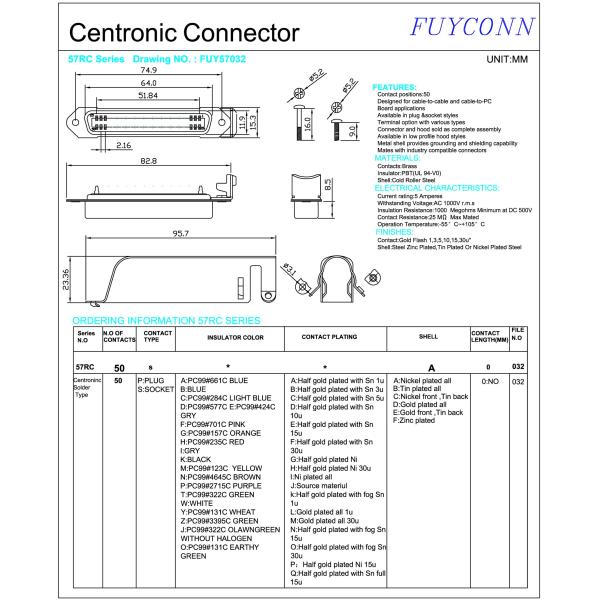 57 тип припоя соединителя Pin женщины 50 серии CN Centronics с выходом кабеля 90 градусов