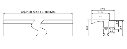 A2717 Armario colgante sin manija de tira ninguna luz de banda de corte, DC12V/24V, 7,5W/M,150-3000 ((L) × 27,9 ((W) × 19,6 mm ((H), 3000K/4000K/6000K, , Ra>90, 2219/150PCS/M, Aluminio + PC