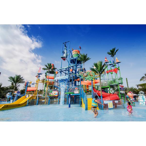 Big Interactive Fiberglass Water Play House With Water Slide / Aqua Park Equipment