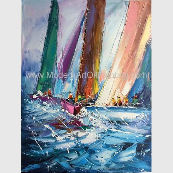 Abstract Palette Knife Sailing Boats Paintings, Hand Painted Thick Oil Canvas Art