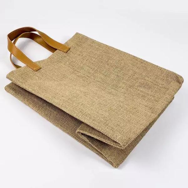Pu Handles 100% Burlap Fabric  Jute Tote Bags BSCI Approved
