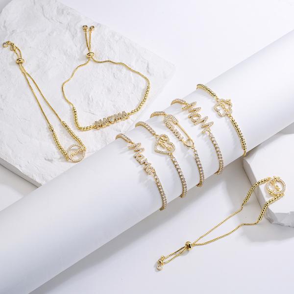 18k Gold Plated Diamond Custom Letter Mothers Day Bracelet Adjustable Beaded Tennis Chain