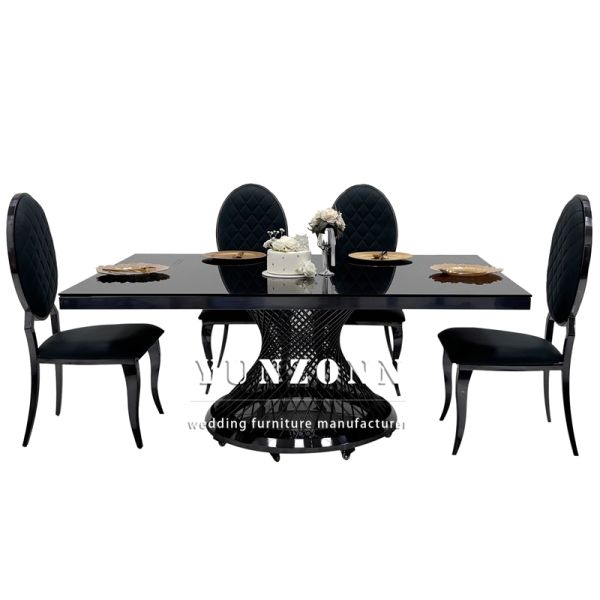 Hotel Banquet Glass Top Black Dining Table Stainless Steel Rectangle Metal Wedding Table