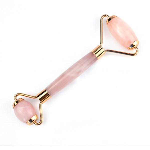 Customized Logo Availabled Natural Rose Quartz Gold Handle Facial Jade Roller Pink Crystal Massager For Skin Beauty Treatment