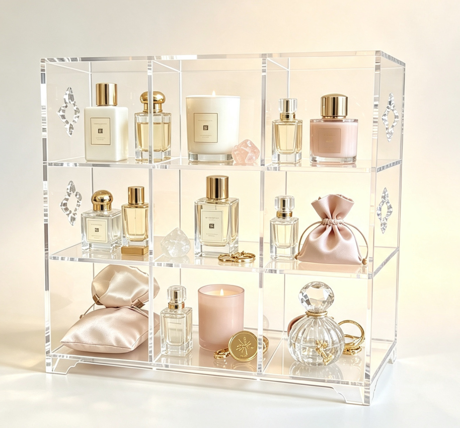 Acrylic 9 Grid Display Cabinet, Clear Cube Organizer for Crystals, Perfume, Jewelry & Collectibles