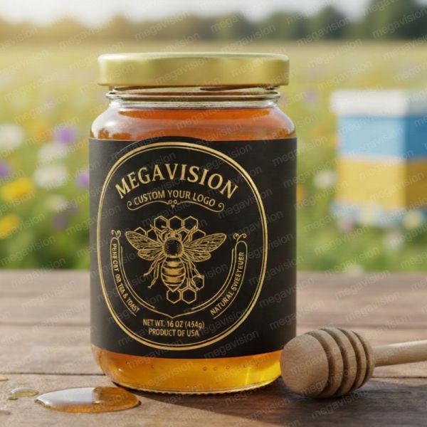 Custom Design Gold Stamping Food Honey Labels Durable Waterproof Adhesive Vinyl Paper Stickers Packaging Label for Bottles Jars