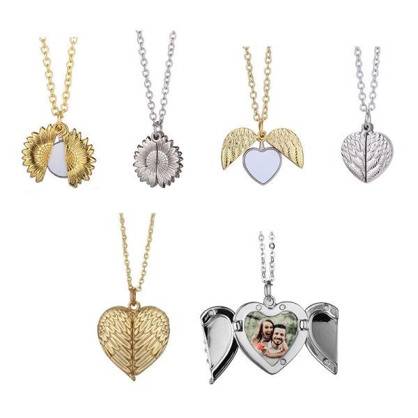 Custom Sublimation Angel Wings Heart Locket Pendant Necklace Personalized Locket Necklace