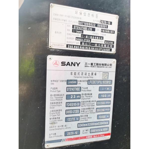2020 SANY camión antiguo bomba de línea montada SY5143THBE 4x2 chasis 85km/h de segunda mano