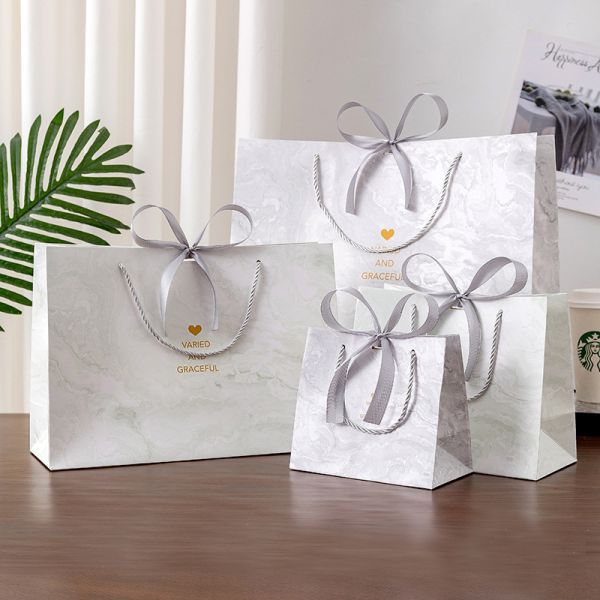 Marble Gift Bags Premium Ribbon Handled Packaging Instagram Aesthetic Luxury Tote Holiday Clothing Presentation Bags