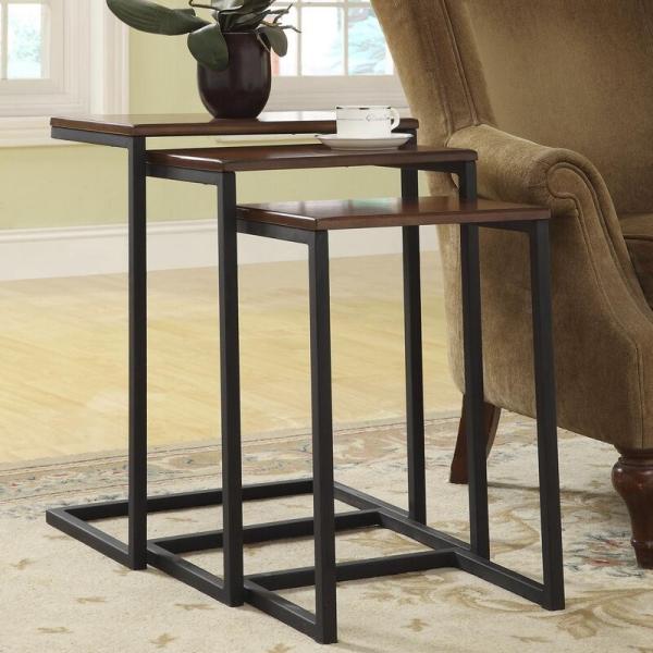 Industrial Wood Metal Nesting Bedside Tables C Shaped
