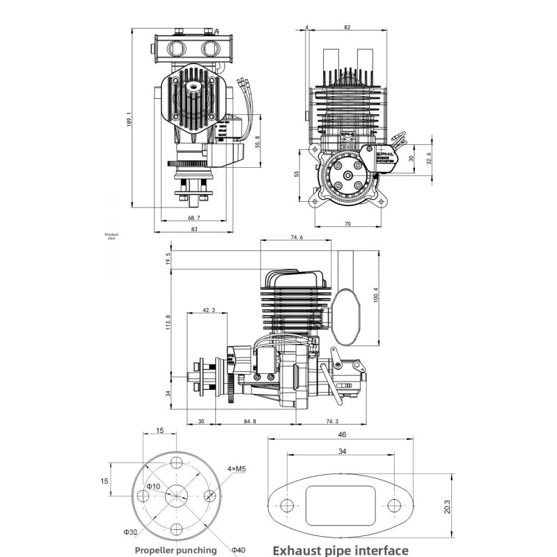 X-38Cc-R Pro Model Single Cylinder Two-Stroke Aircraft Engine Gasoline with Electric Start Rear Fixed Wing-Metal Material