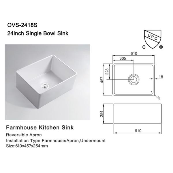 24 в кухонной раковине сельского дома Одно-шара Undermount с фарфором высокорослой рисбермы белым
