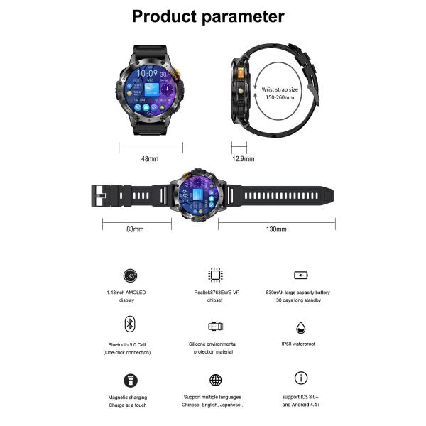 K65 SmartWatch Carga magnética 1.43 pulgadas Smart Watch Presión arterial Oxígeno Frecuencia cardíaca