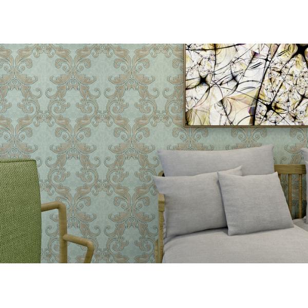 Waterproof PVC Green Damask Victorian Pattern Wallpaper With Non Woven Materials