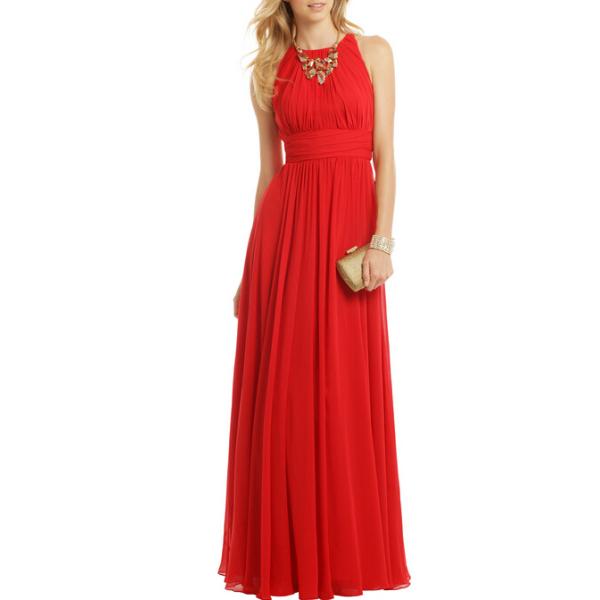 Women Floor Length Red Pleated Evening Dress