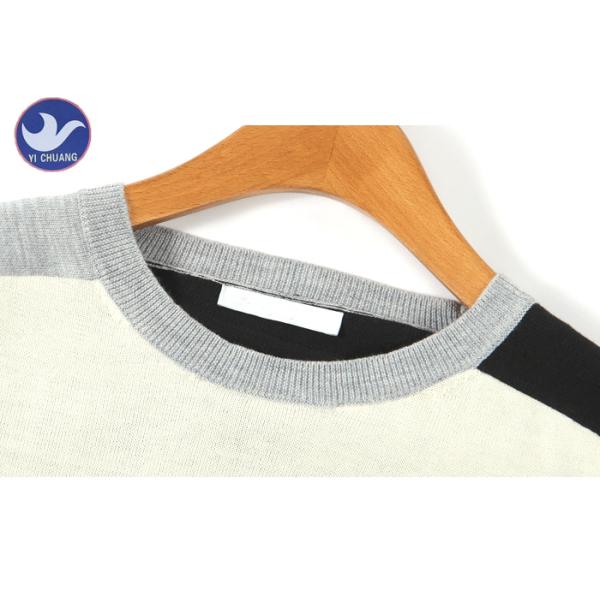 Shoulder Slit Contrast Color Men's Knit Pullover Sweater O Neck Knitwear Long Sleeves