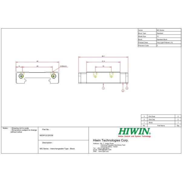 MGW12C HIWIN 3d Printer Guide Rails 12mm Size Linear Block Carriage