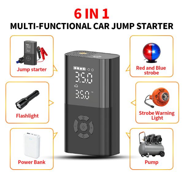 6000mAh Car Battery Jump Box Air Tire Compressor 9 In 1 Portable 150PSI Pump Jump Starter Power Pack