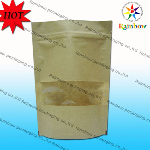 Levántese las bolsas de papel modificadas para requisitos particulares Kraft Ziplock de Brown con la ventana para el empaquetado del bocado