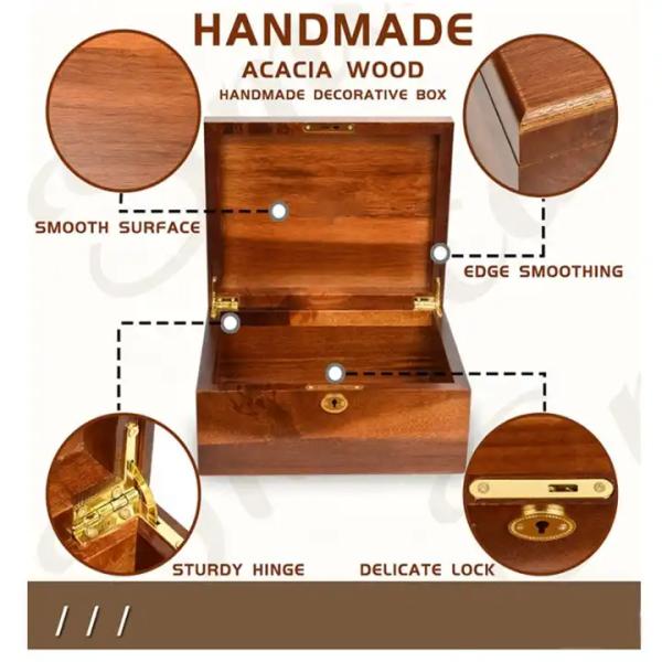 Acacia Wood Decorative Wooden Packaging Box Hand Crafted Wooden Box With Hinged Lid