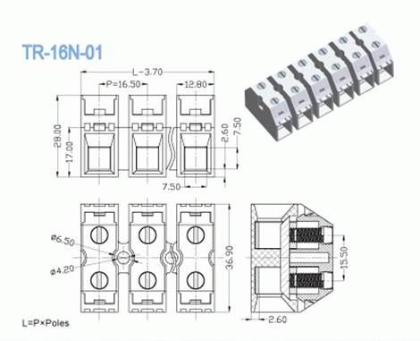 6 Pin Feed Through Wiring Terminal Block Heavy Duty Right Angle Wire Inlet