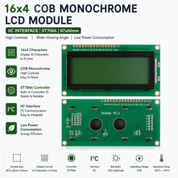 COB Monochrome LCD Display I2C Interface 16x4 LCD Module 87x60mm With ST7066 Controller IC