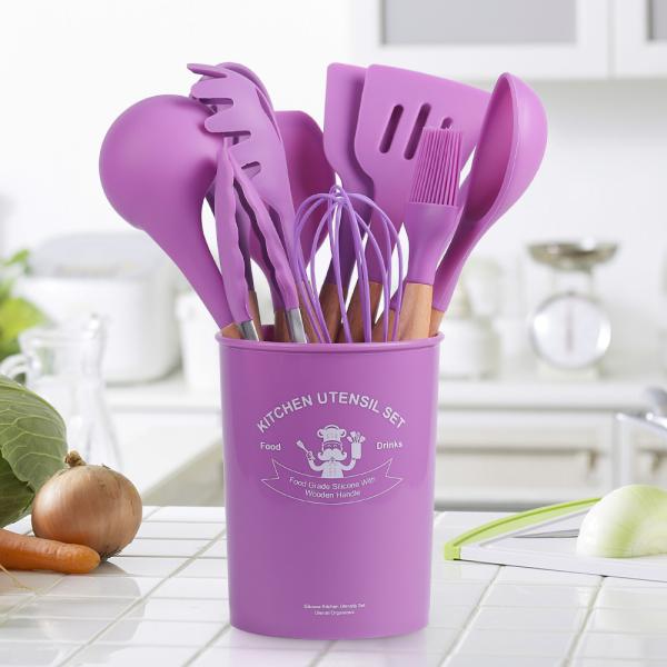 12 pièces d'ustensiles de cuisine en silicone avec poignées en bois
