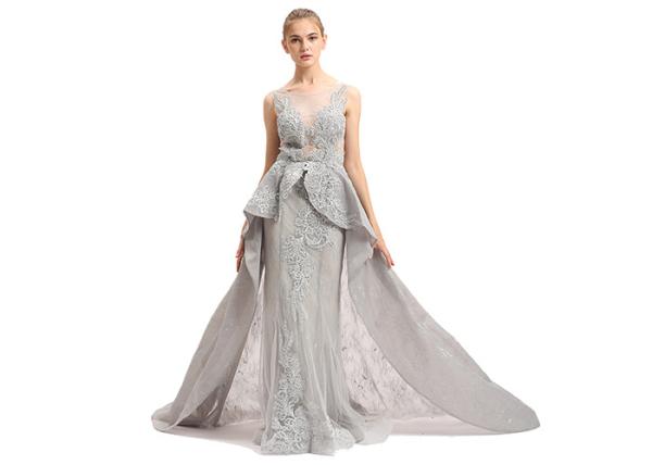 Floor Length O Neck Prom Wedding Dresses / Grey Beading Muslim Evening Dress