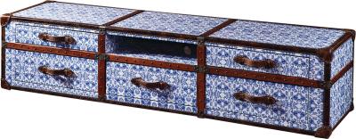 Antique Porcelain Leather TV Stand Furniture 5 Drawers Vintage Blue And White Color