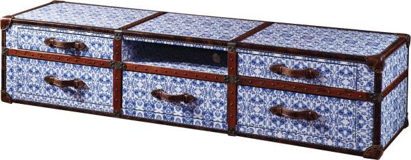 Antique Porcelain Leather TV Stand Furniture 5 Drawers Vintage Blue And White Color