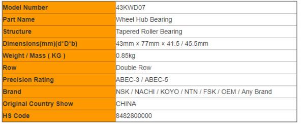 43KWD07 90369-43009 43BWD06 Front Wheel Hub Bearing Double Row Tapered Roller Structure For TOYOTA