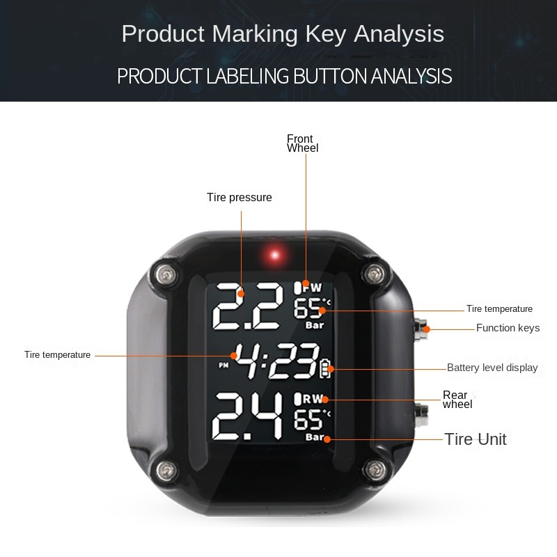 Motorcycle TPMS 12V Universal Fit Tire Pressure Monitoring System Solar Powered Display External Sensors