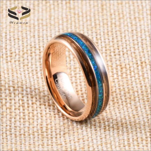 Wood and Opal Inlay 8mm Tungsten Ring in Rose Gold for Fashionable Religious Style Wedding Band