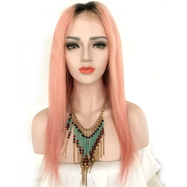 Straight Human Hair Ombre Full Lace Pink Wig Black Root Light pink Front Lace Wig Middle Part With Baby Hair