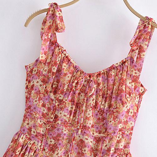 French Sweat Floral Lace Up Suspender Dress Slimming Sexy Backless Short Skirt