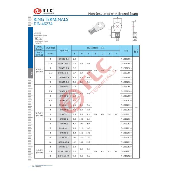 0.2-2.5mm2 DIN 46234 Non Insulated Ring Terminals With Brazed Seam DRNB Cable Ring Terminal