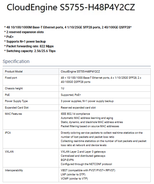 Original New Huaweis S5755-H48P4Y2CZ 48 Port Gigabit PoE+ Managed Switch with 4x10G SFP+ and 2x40G QSFP28 Enterprise Network Switch