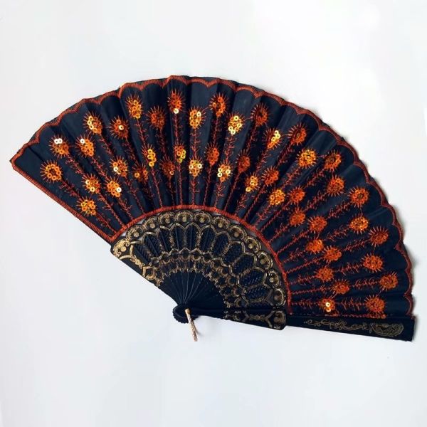 Hot Selling Foldable Hand Held Fan Black Plastic Embroidery Sequin Hand Fan