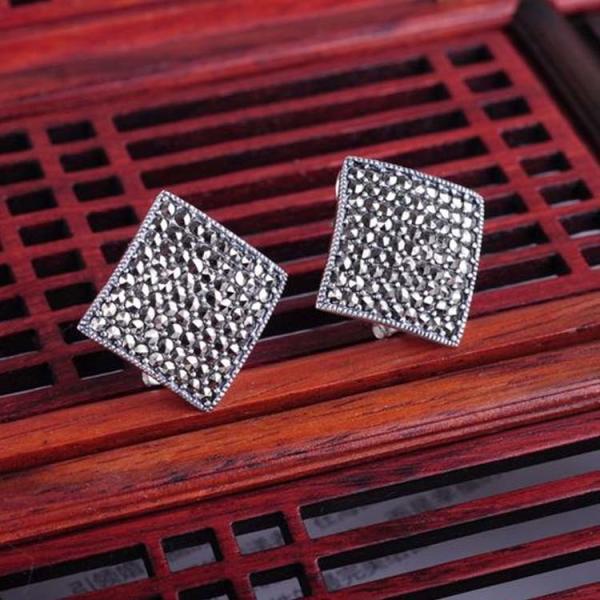 Thailand Silver Pave Marcasite Stud Earrings Women's Vintage Jewelry (E11063)