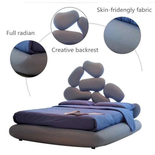 Wooden Frame Unique Shaped Upholstered Headboard Latest Double Bed Design