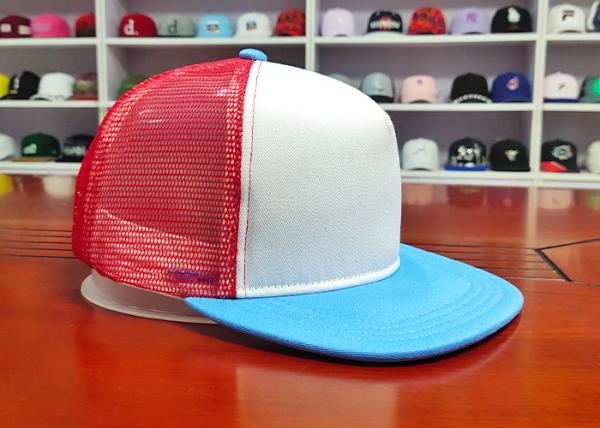 100% cotton twill white blue and red polyester mesh 5panel foam snapback hats caps