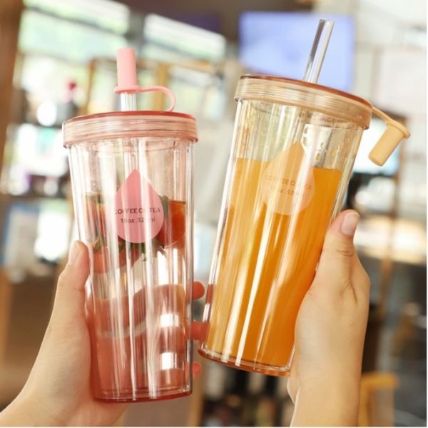 Simple Double-layer Large Capacity Plastic Straw Cup Creative Student Transparent Milk And Juice Water Bottle