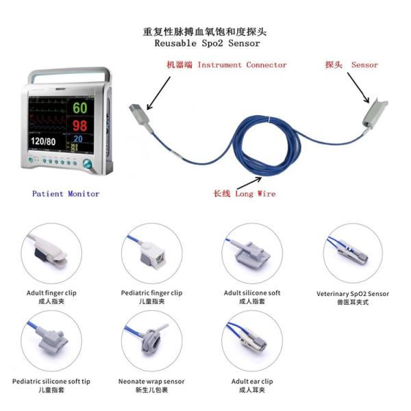 3 Meter Male 7 Pin Reusable Spo2 Sensors For Bionet BM3 BM5