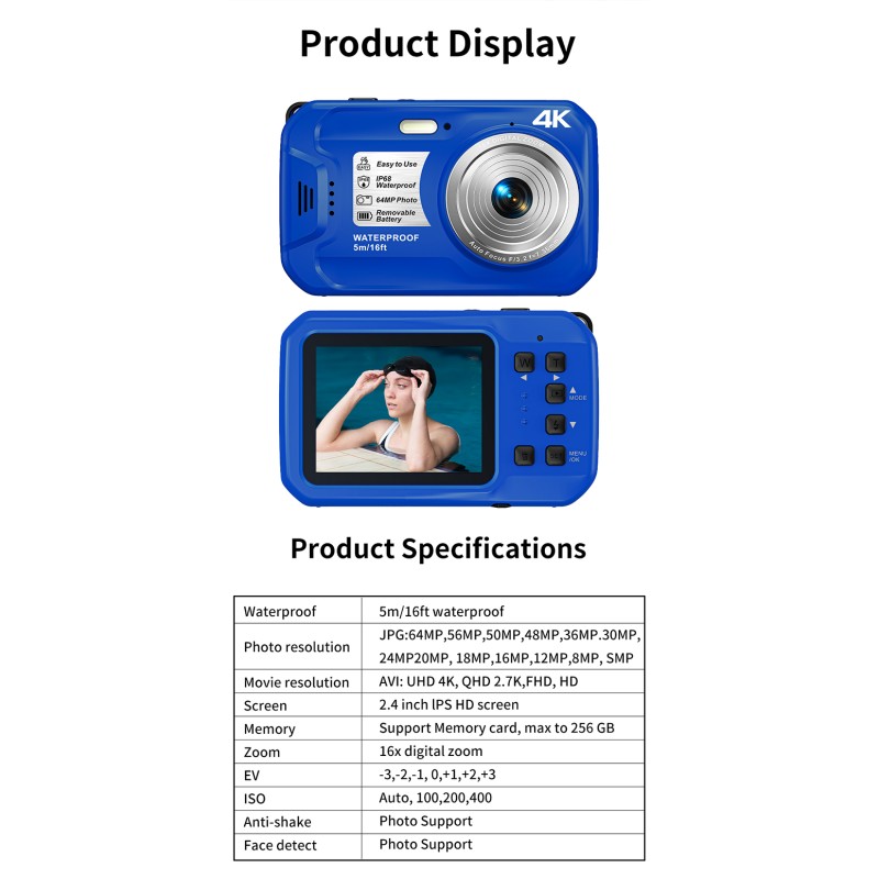 Retro Vintage HD 4K 64MP Waterproof Camera IP68 5M Waterproof Auto Focus 16X Digital Zoom Underwater Camera for Snorkeling
