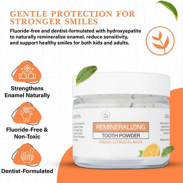 Citrus Hydroxyapatite Remineralizing Tooth Powder Fluoride Free for Kids And Adults