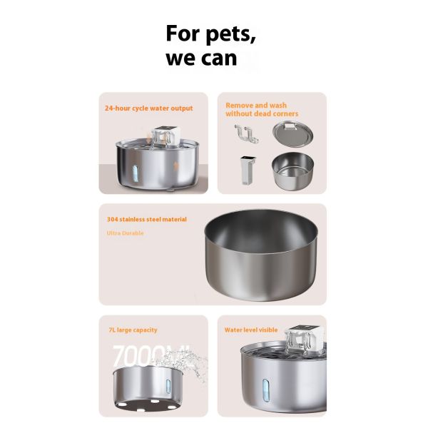 7L Rechargeable Stainless Steel ABS IPX5 Waterproof Pet Water Dispenser Large Capacity Dog Bowl Automatic Water Circulation