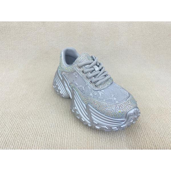 Women silver leather sneakers with bling crystal and breathable mesh upper lacing