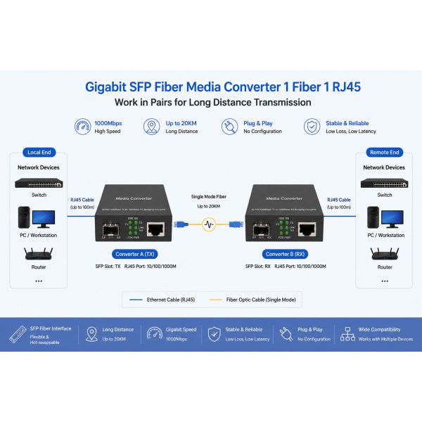 Fiber Gigabit Media Converter 1 SFP Fiber to 1 RJ45 Ethernet Port 20-100km
