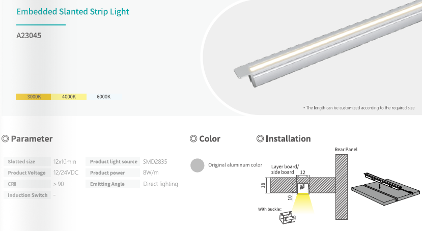 45° Angled/Slanted Recessed LED Strip Lights Custom Length High CRI >90 12/24V Aluminum Profile